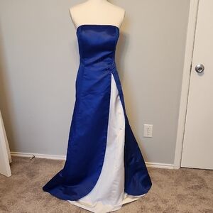 Milano Blue and White Strapless Slit Gown for Prom